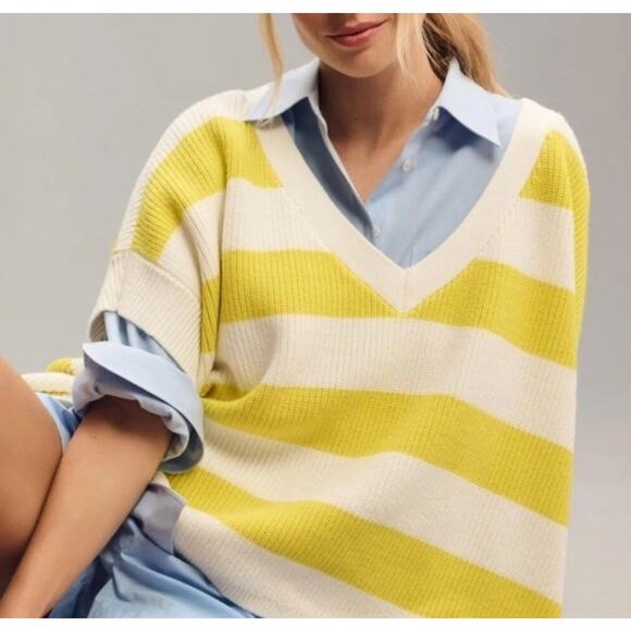 Maeve Anthropologie Yellow White Striped Oversized Knit Sweater Womens Size L - Picture 1 of 9
